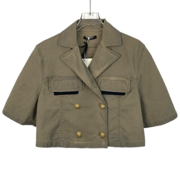 Balmain Olive Green Cotton Short-Sleeve Double-Breasted Denim Shirt